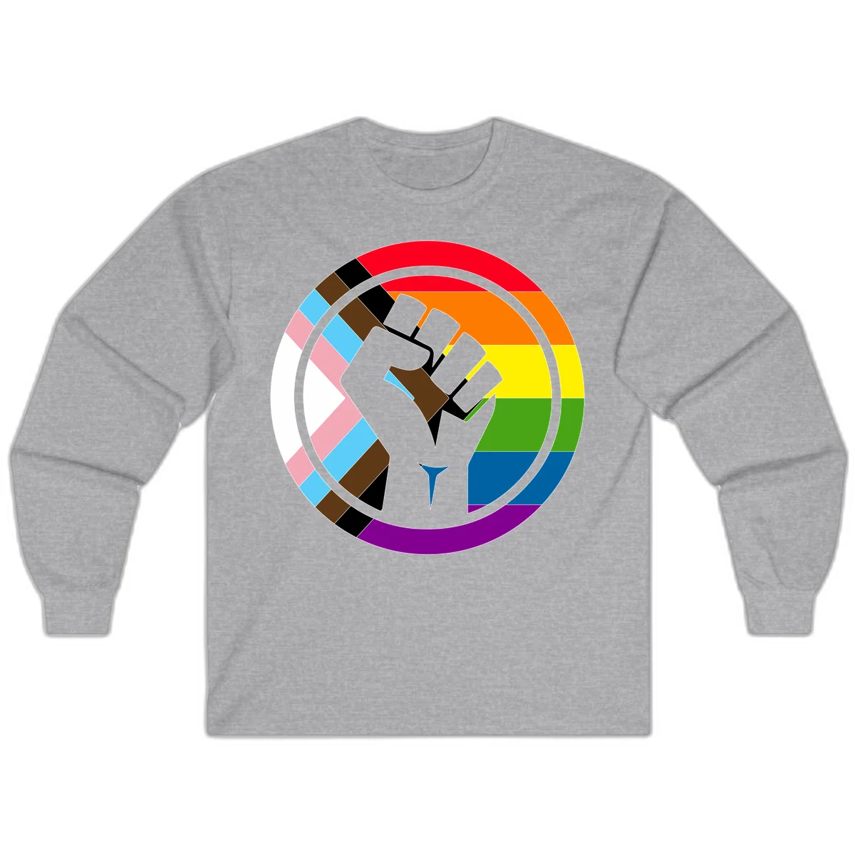 Raised fist silhouette surrounded by concentric rainbow pride flag stripes and intersectional diamond pattern border symbolizing LGBTQ+ unity and solidarity in Sport Grey