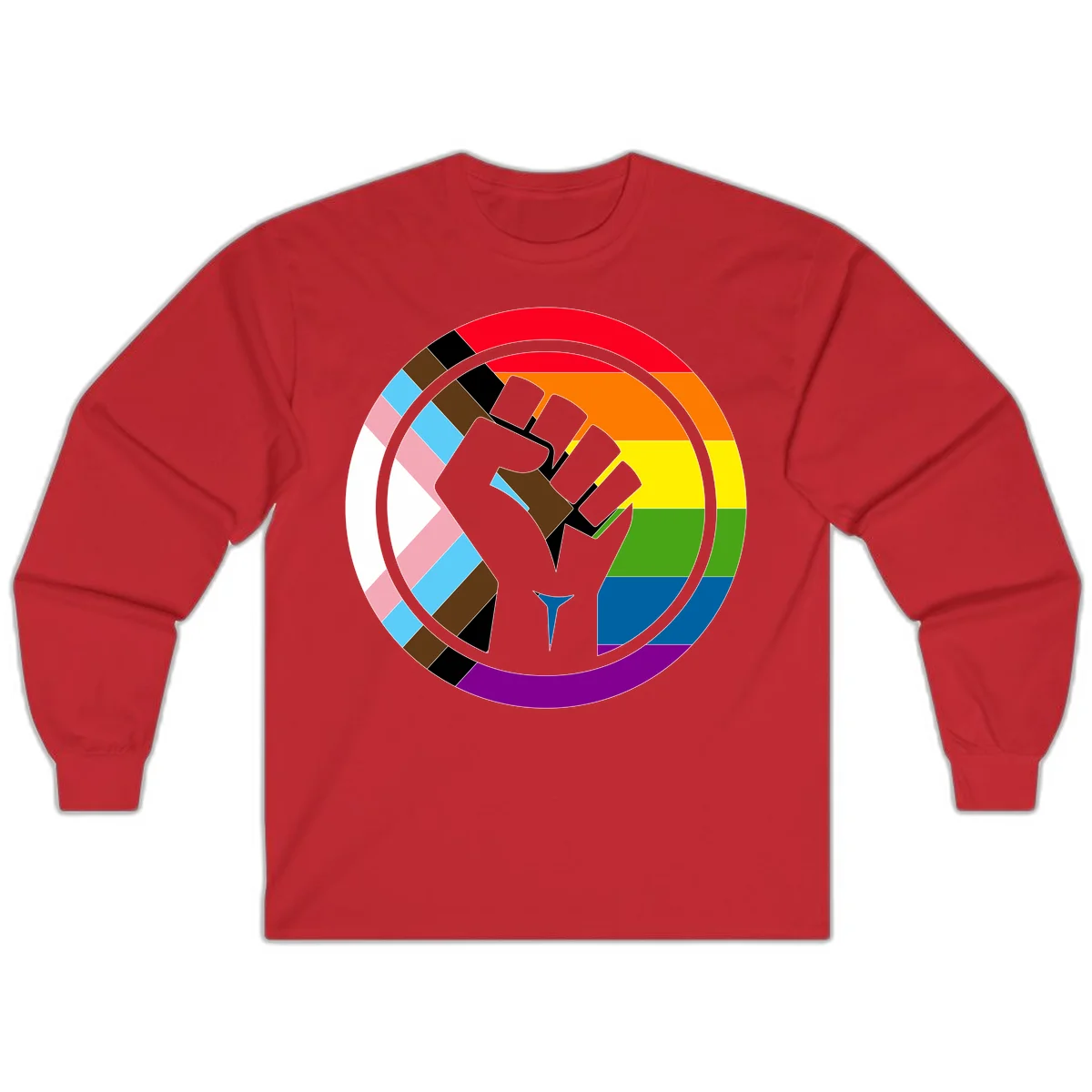 Raised fist silhouette surrounded by concentric rainbow pride flag stripes and intersectional diamond pattern border symbolizing LGBTQ+ unity and solidarity in Red