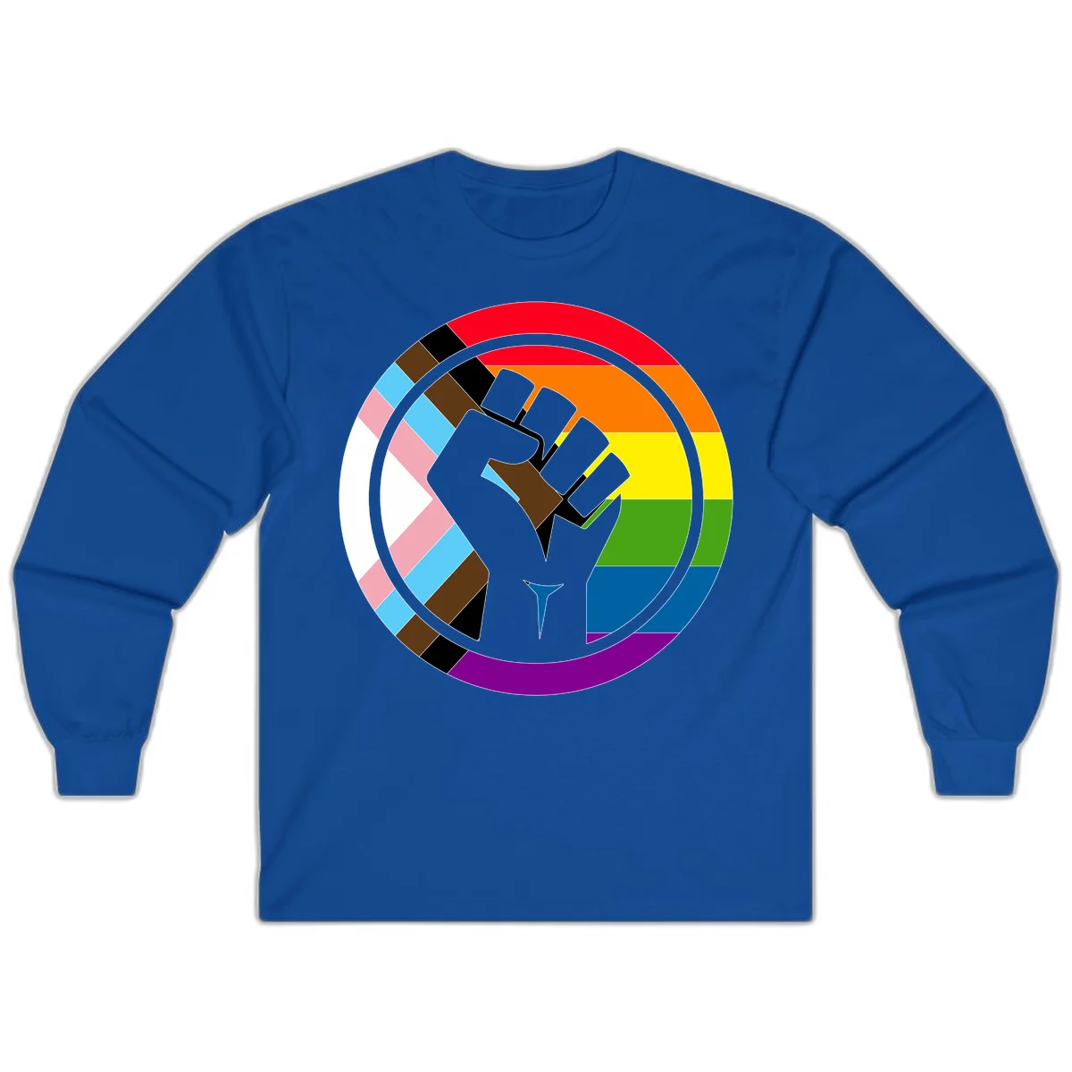 Raised fist silhouette surrounded by concentric rainbow pride flag stripes and intersectional diamond pattern border symbolizing LGBTQ+ unity and solidarity in Royal