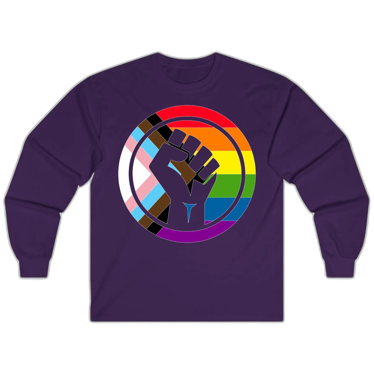 Raised fist silhouette surrounded by concentric rainbow pride flag stripes and intersectional diamond pattern border symbolizing LGBTQ+ unity and solidarity in Purple