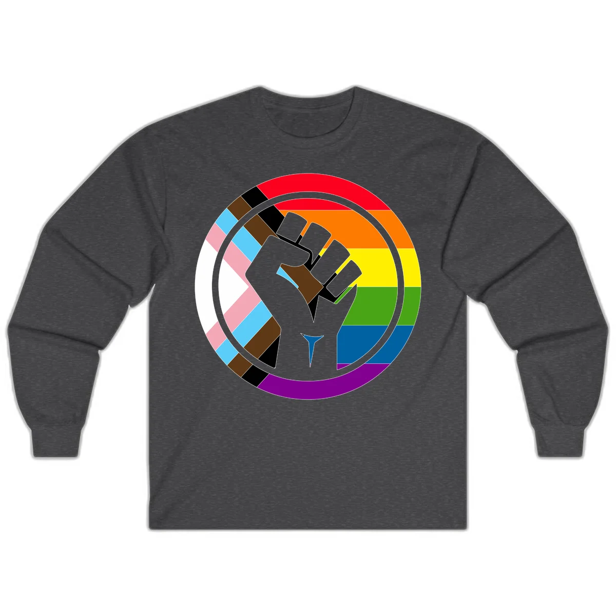 Raised fist silhouette surrounded by concentric rainbow pride flag stripes and intersectional diamond pattern border symbolizing LGBTQ+ unity and solidarity in Dark Heather