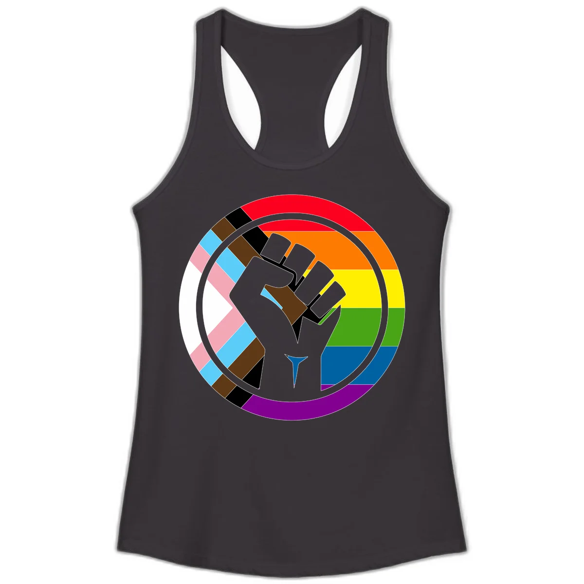 Raised fist silhouette surrounded by concentric rainbow pride flag stripes and intersectional diamond pattern border symbolizing LGBTQ+ unity and solidarity in Black