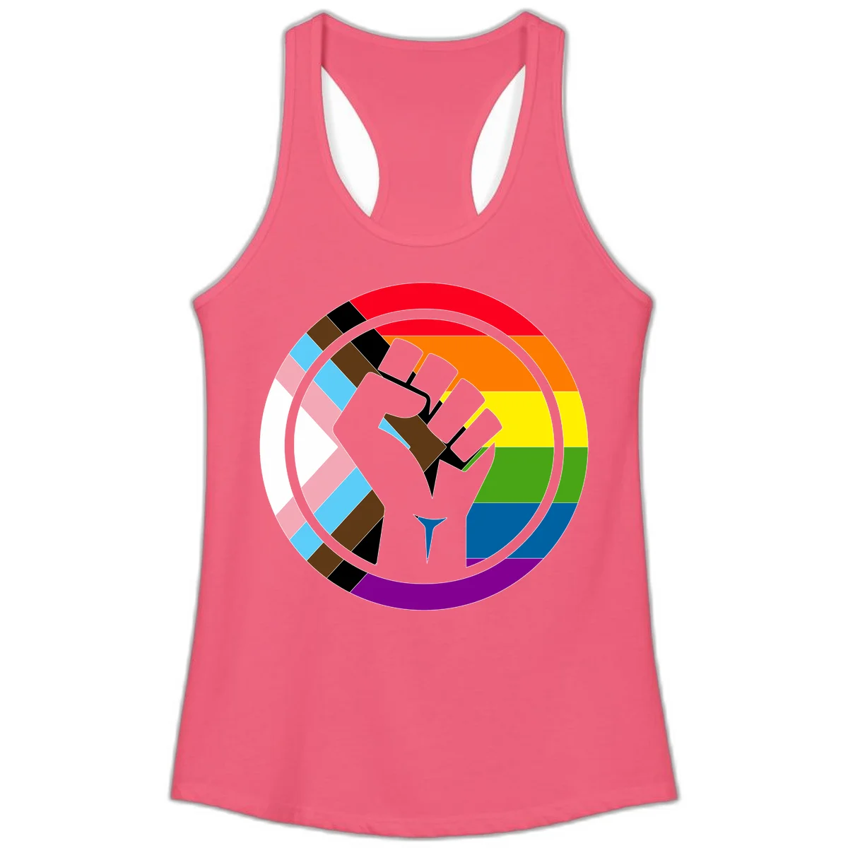 Raised fist silhouette surrounded by concentric rainbow pride flag stripes and intersectional diamond pattern border symbolizing LGBTQ+ unity and solidarity in Hot Pink