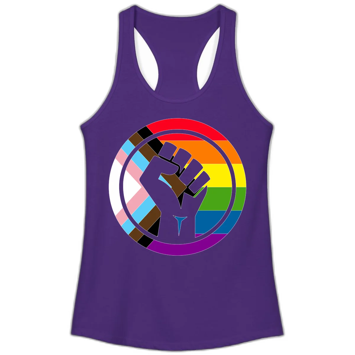 Raised fist silhouette surrounded by concentric rainbow pride flag stripes and intersectional diamond pattern border symbolizing LGBTQ+ unity and solidarity in Solid Purple Rush