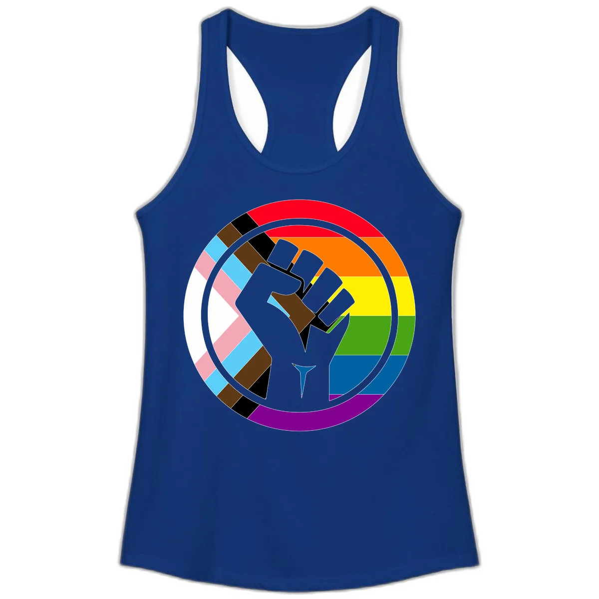 Raised fist silhouette surrounded by concentric rainbow pride flag stripes and intersectional diamond pattern border symbolizing LGBTQ+ unity and solidarity in Solid Royal