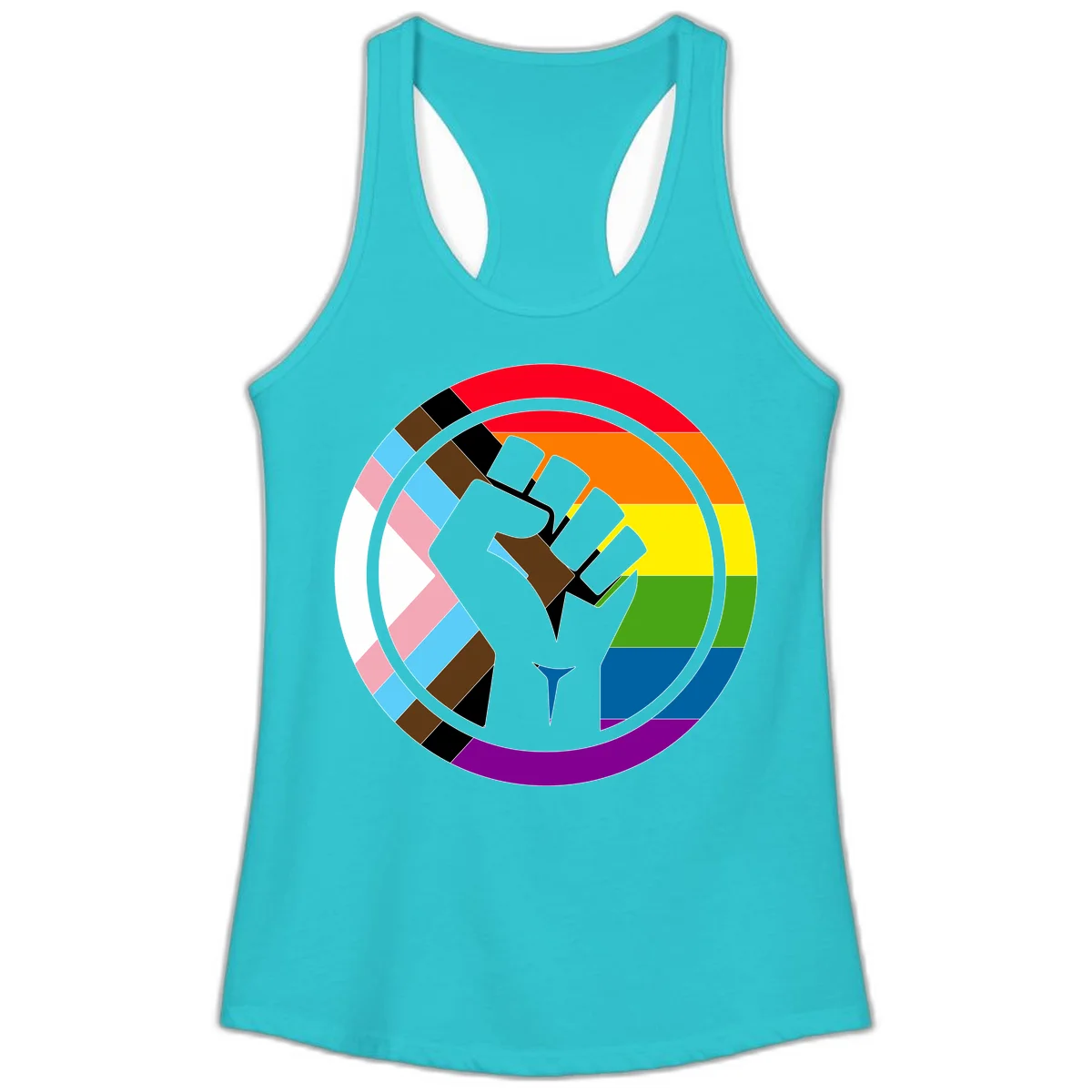 Raised fist silhouette surrounded by concentric rainbow pride flag stripes and intersectional diamond pattern border symbolizing LGBTQ+ unity and solidarity in Solid Tahiti Blue