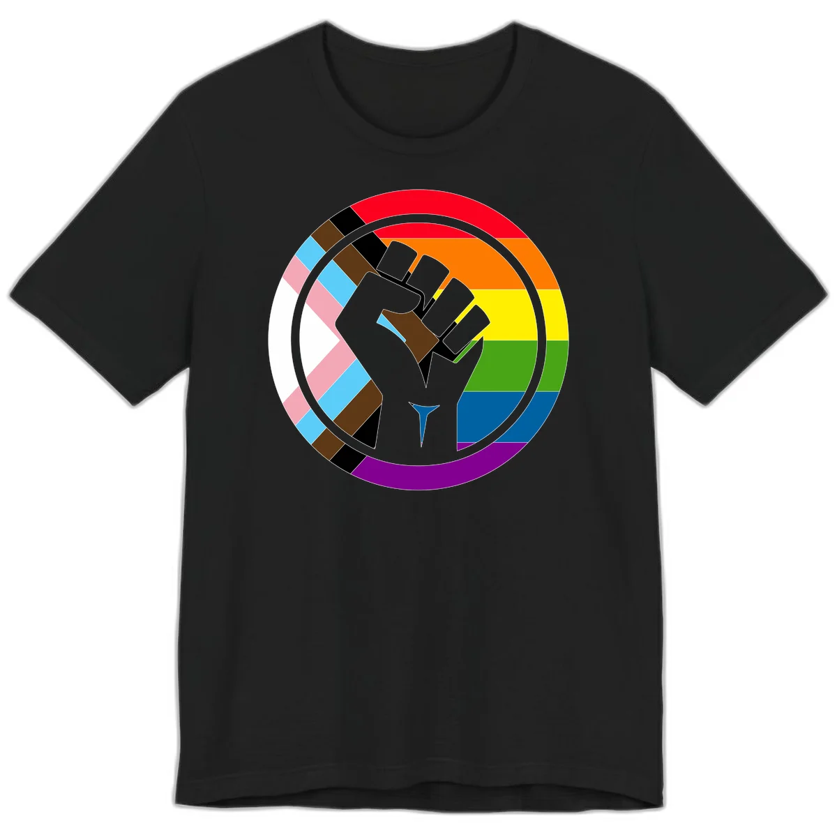 Raised fist silhouette surrounded by concentric rainbow pride flag stripes and intersectional diamond pattern border symbolizing LGBTQ+ unity and solidarity in Black
