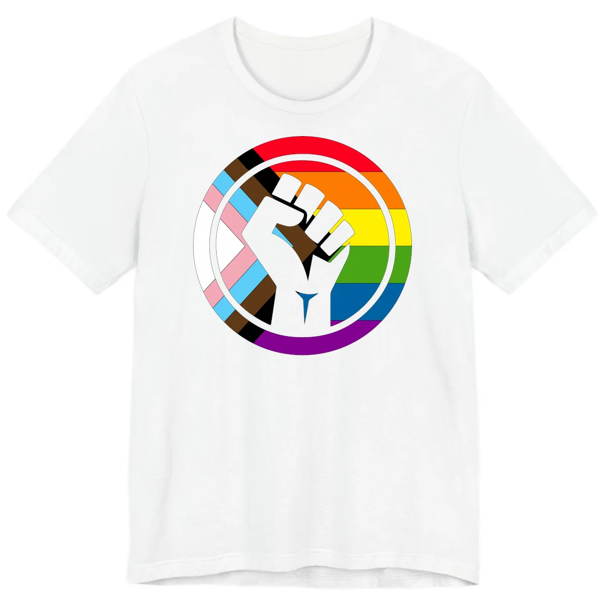 Raised fist silhouette surrounded by concentric rainbow pride flag stripes and intersectional diamond pattern border symbolizing LGBTQ+ unity and solidarity in White