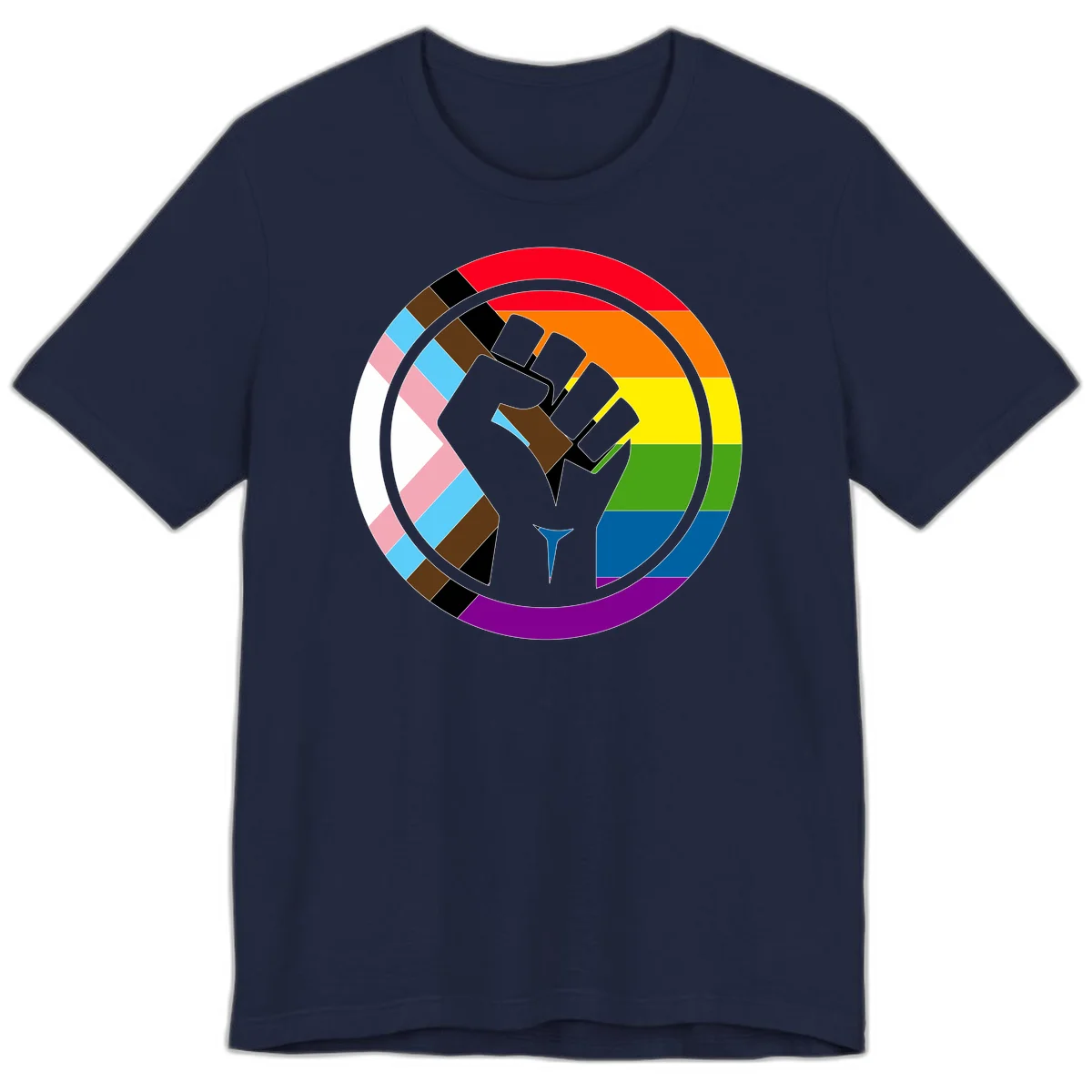 Raised fist silhouette surrounded by concentric rainbow pride flag stripes and intersectional diamond pattern border symbolizing LGBTQ+ unity and solidarity in Navy