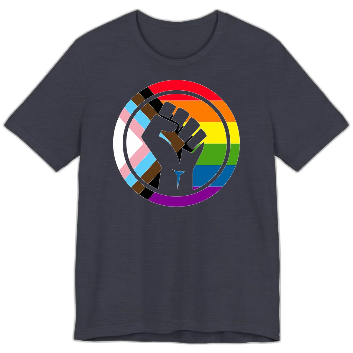 Raised fist silhouette surrounded by concentric rainbow pride flag stripes and intersectional diamond pattern border symbolizing LGBTQ+ unity and solidarity in Heather Midnight Navy
