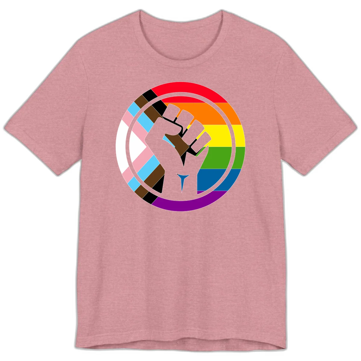Raised fist silhouette surrounded by concentric rainbow pride flag stripes and intersectional diamond pattern border symbolizing LGBTQ+ unity and solidarity in Heather Orchid
