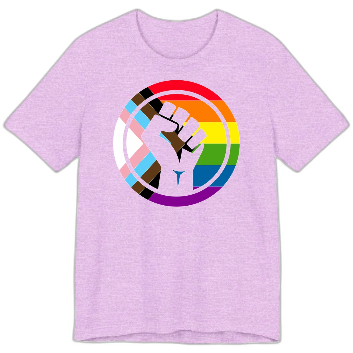 Raised fist silhouette surrounded by concentric rainbow pride flag stripes and intersectional diamond pattern border symbolizing LGBTQ+ unity and solidarity in Heather Prism Lilac