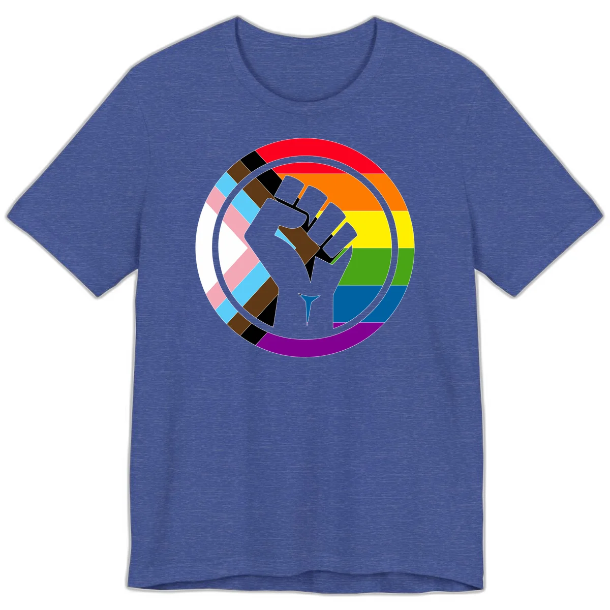 Raised fist silhouette surrounded by concentric rainbow pride flag stripes and intersectional diamond pattern border symbolizing LGBTQ+ unity and solidarity in Heather True Royal