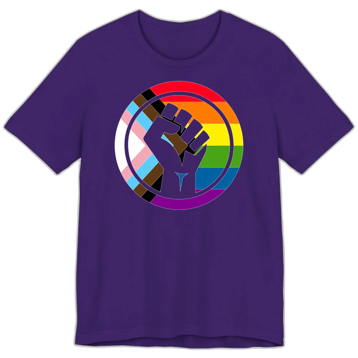 Raised fist silhouette surrounded by concentric rainbow pride flag stripes and intersectional diamond pattern border symbolizing LGBTQ+ unity and solidarity in Team Purple