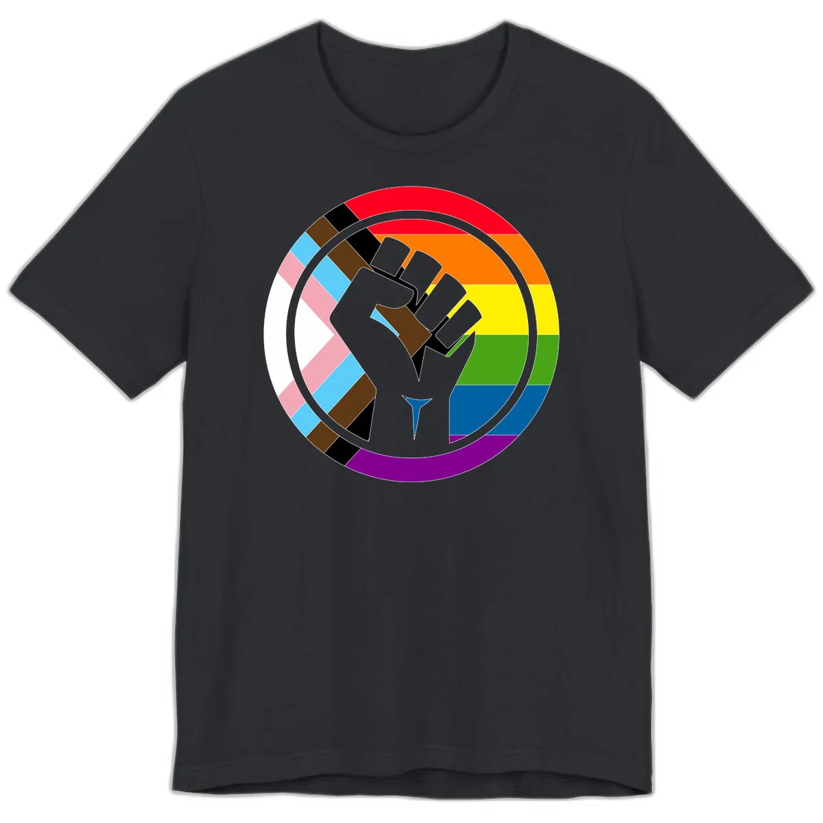 Raised fist silhouette surrounded by concentric rainbow pride flag stripes and intersectional diamond pattern border symbolizing LGBTQ+ unity and solidarity in Vintage Black