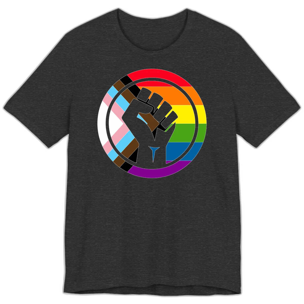 Raised fist silhouette surrounded by concentric rainbow pride flag stripes and intersectional diamond pattern border symbolizing LGBTQ+ unity and solidarity in Dark Grey Heather