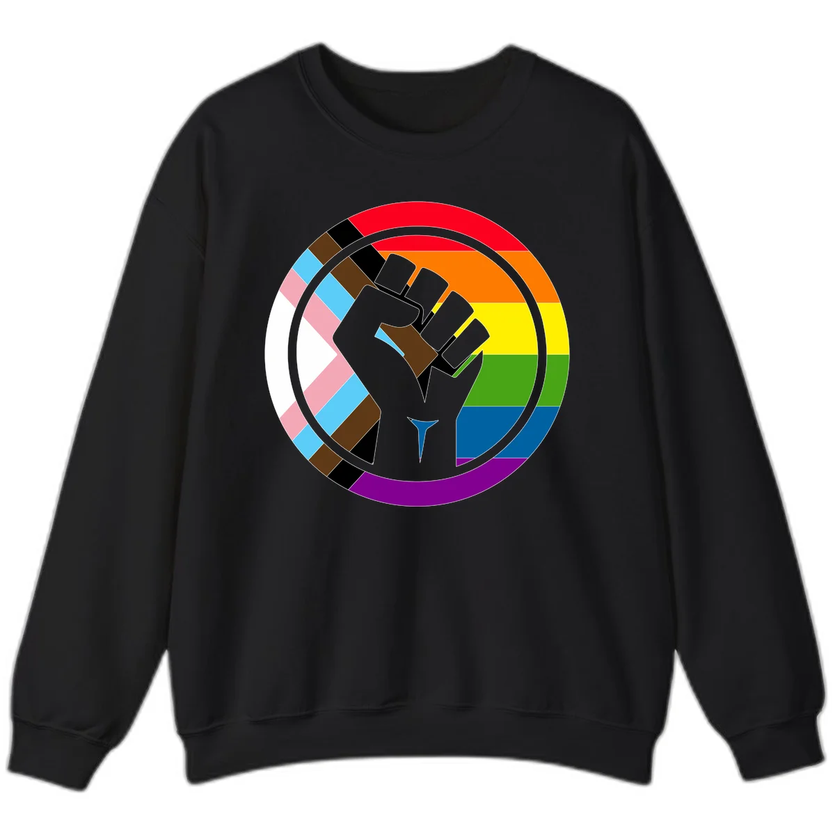 Raised fist silhouette surrounded by concentric rainbow pride flag stripes and intersectional diamond pattern border symbolizing LGBTQ+ unity and solidarity in Black