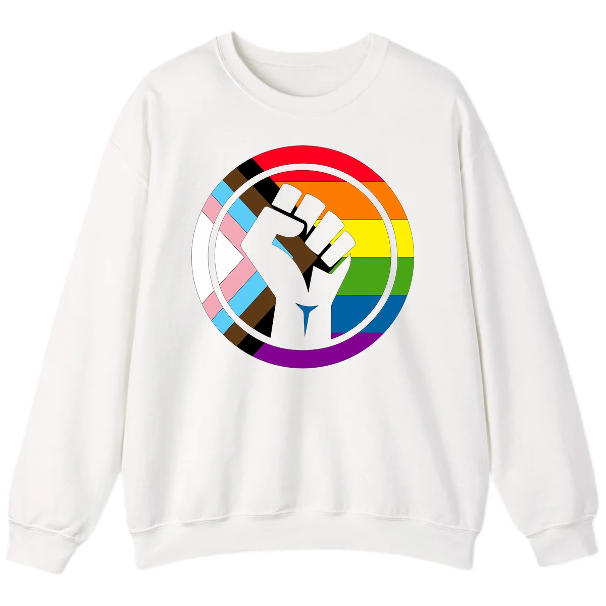 Raised fist silhouette surrounded by concentric rainbow pride flag stripes and intersectional diamond pattern border symbolizing LGBTQ+ unity and solidarity in White