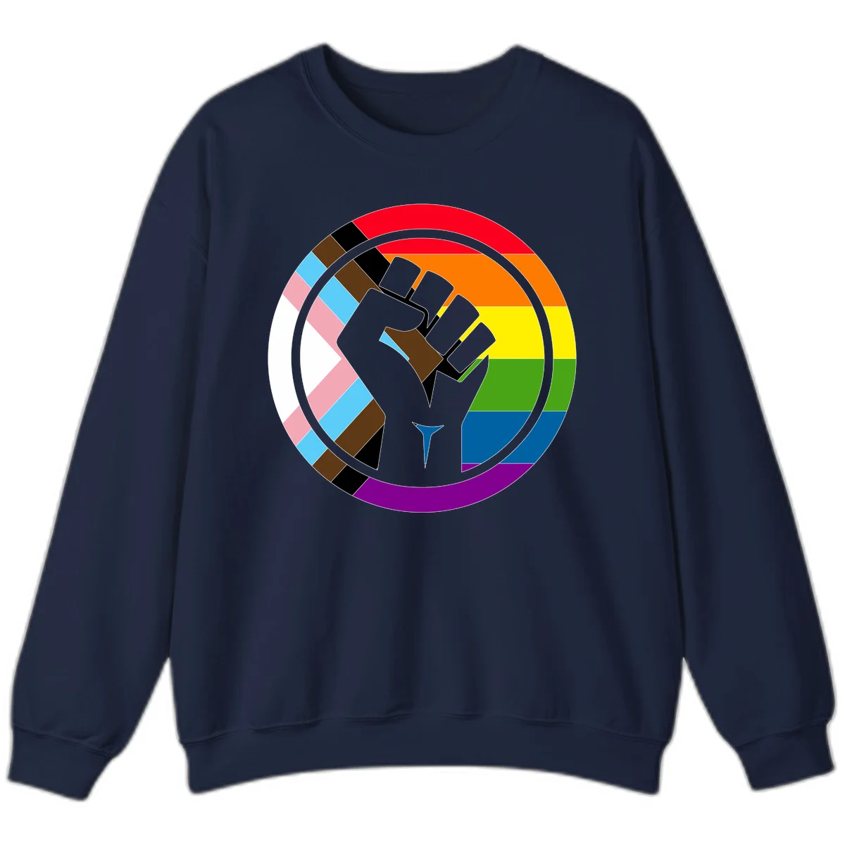 Raised fist silhouette surrounded by concentric rainbow pride flag stripes and intersectional diamond pattern border symbolizing LGBTQ+ unity and solidarity in Navy