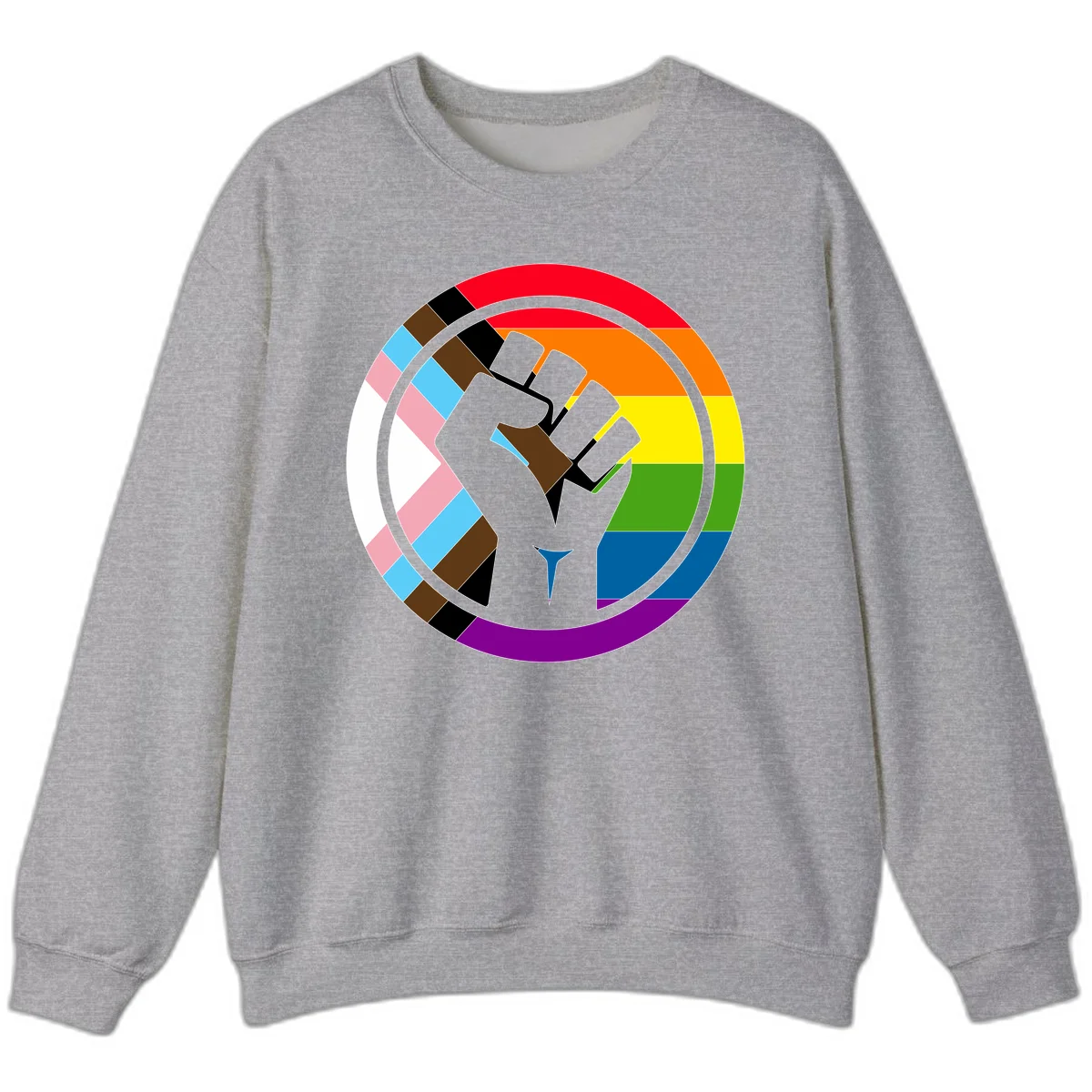 Raised fist silhouette surrounded by concentric rainbow pride flag stripes and intersectional diamond pattern border symbolizing LGBTQ+ unity and solidarity in Sport Grey