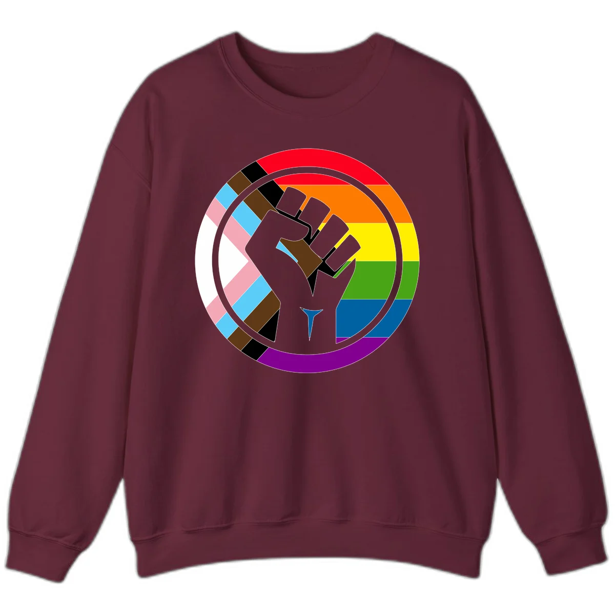 Raised fist silhouette surrounded by concentric rainbow pride flag stripes and intersectional diamond pattern border symbolizing LGBTQ+ unity and solidarity in Maroon