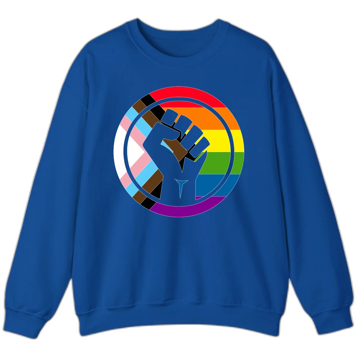 Raised fist silhouette surrounded by concentric rainbow pride flag stripes and intersectional diamond pattern border symbolizing LGBTQ+ unity and solidarity in Royal