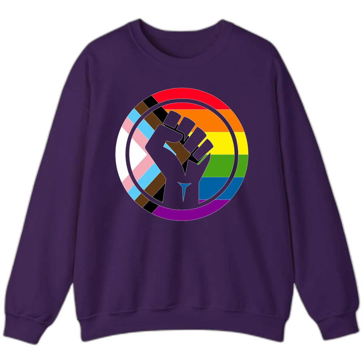 Raised fist silhouette surrounded by concentric rainbow pride flag stripes and intersectional diamond pattern border symbolizing LGBTQ+ unity and solidarity in Purple