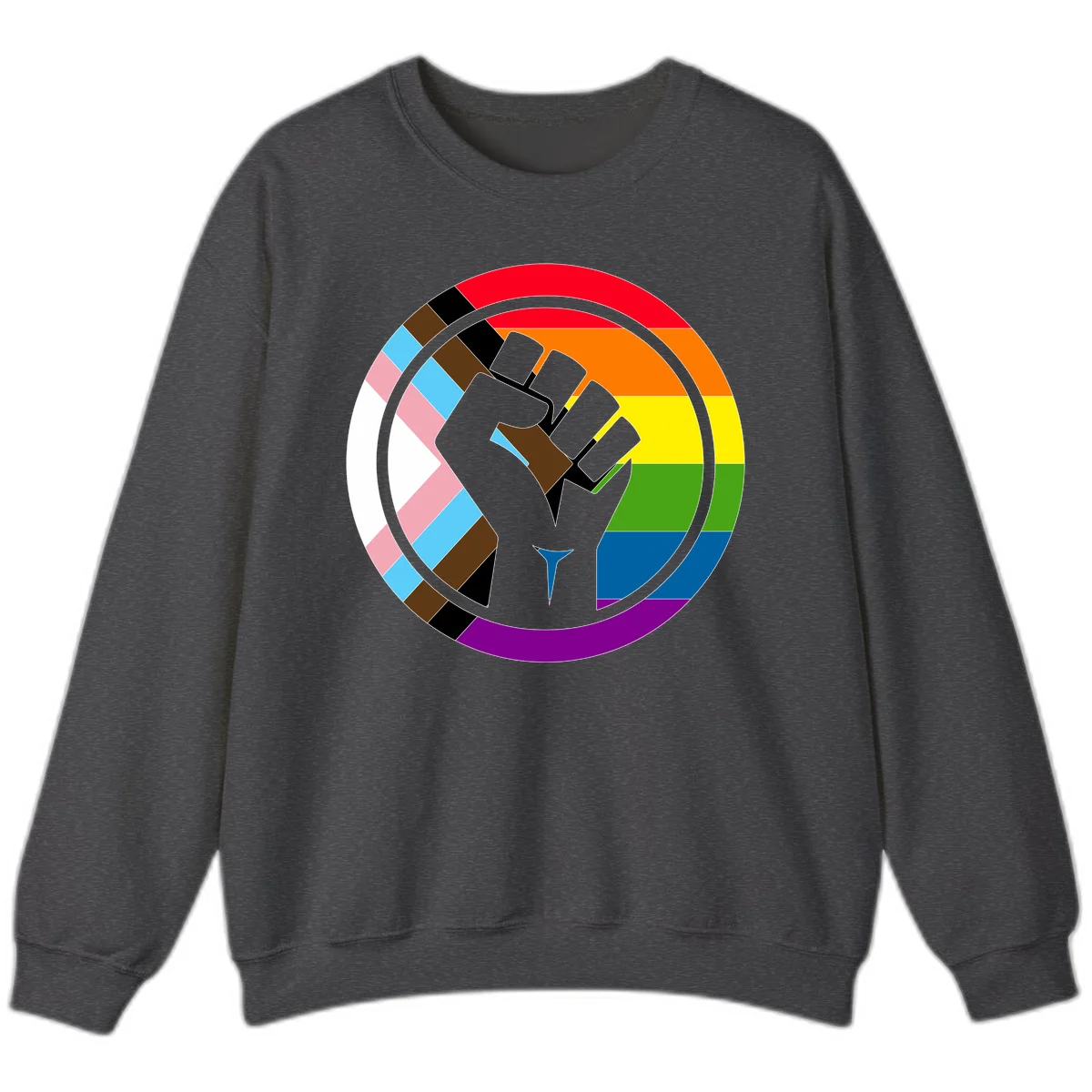 Raised fist silhouette surrounded by concentric rainbow pride flag stripes and intersectional diamond pattern border symbolizing LGBTQ+ unity and solidarity in Dark Heather