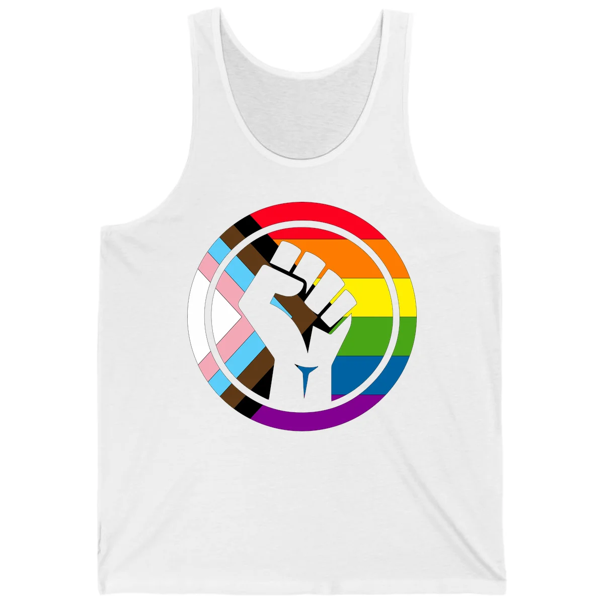 Raised fist silhouette surrounded by concentric rainbow pride flag stripes and intersectional diamond pattern border symbolizing LGBTQ+ unity and solidarity in White