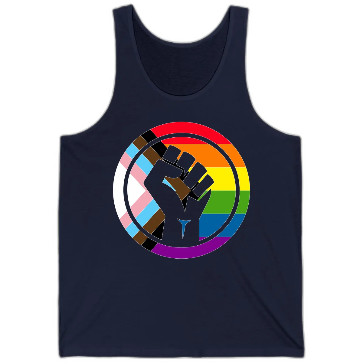Raised fist silhouette surrounded by concentric rainbow pride flag stripes and intersectional diamond pattern border symbolizing LGBTQ+ unity and solidarity in Navy