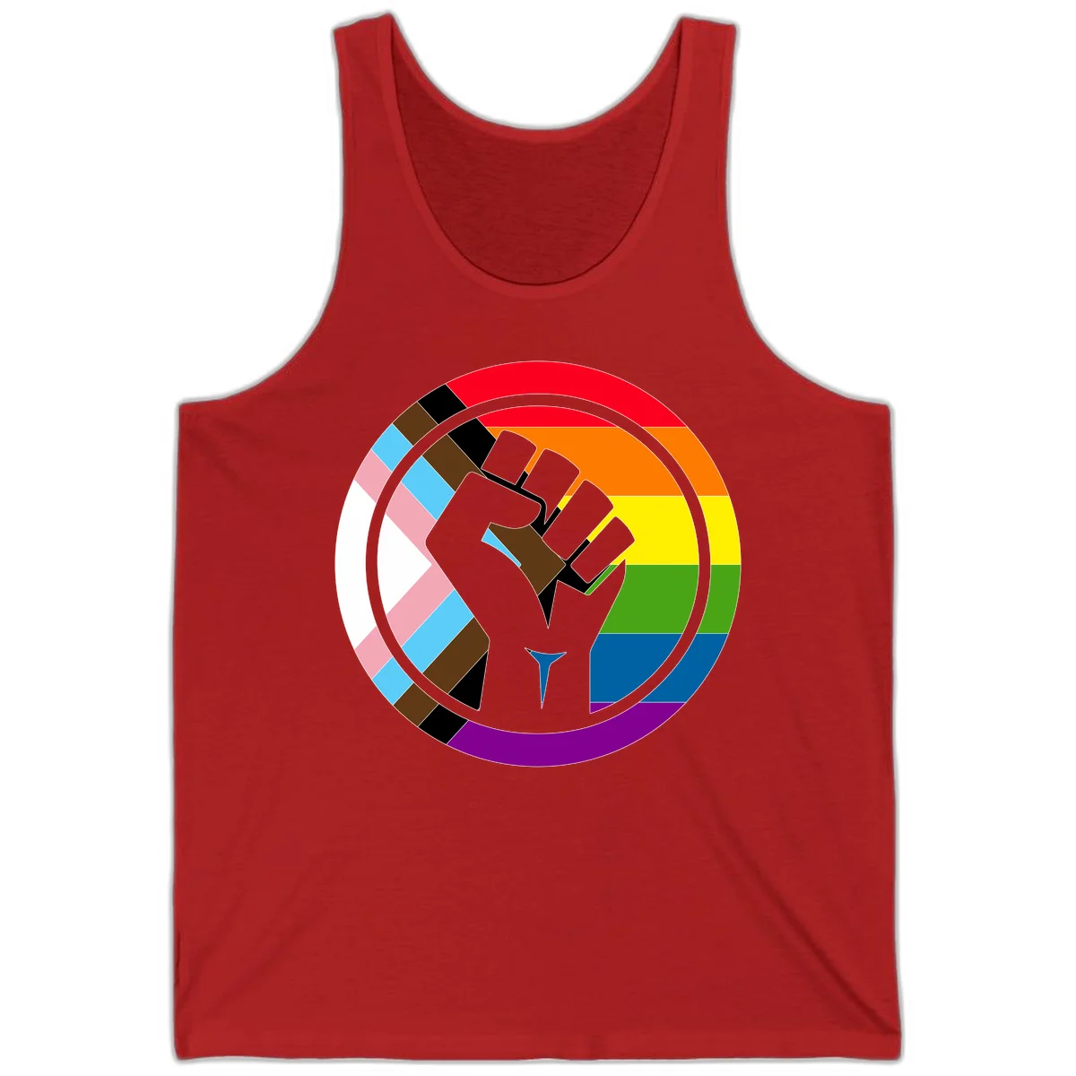 Raised fist silhouette surrounded by concentric rainbow pride flag stripes and intersectional diamond pattern border symbolizing LGBTQ+ unity and solidarity in Red