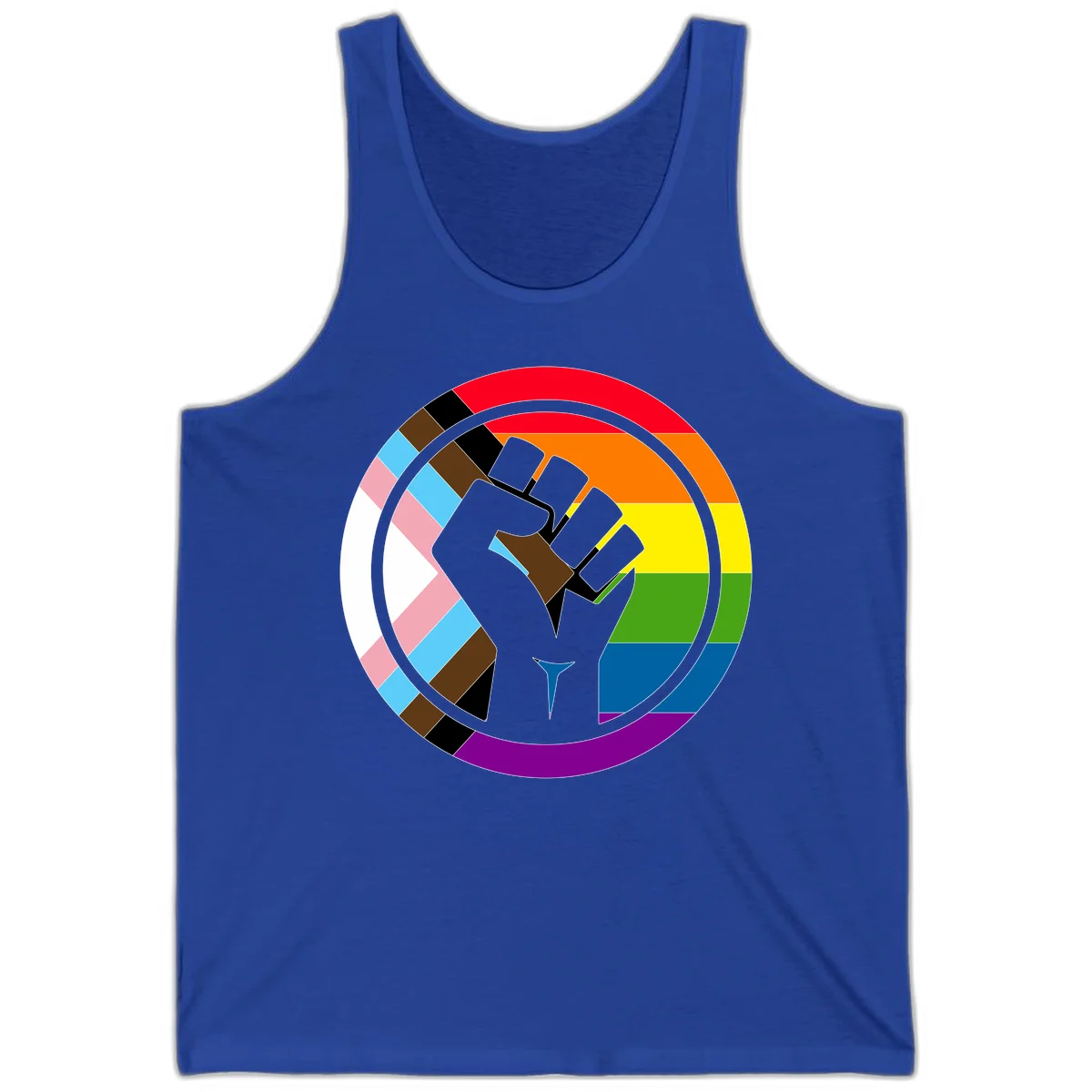 Raised fist silhouette surrounded by concentric rainbow pride flag stripes and intersectional diamond pattern border symbolizing LGBTQ+ unity and solidarity in True Royal