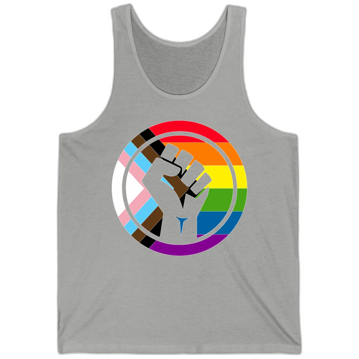Raised fist silhouette surrounded by concentric rainbow pride flag stripes and intersectional diamond pattern border symbolizing LGBTQ+ unity and solidarity in Athletic Heather