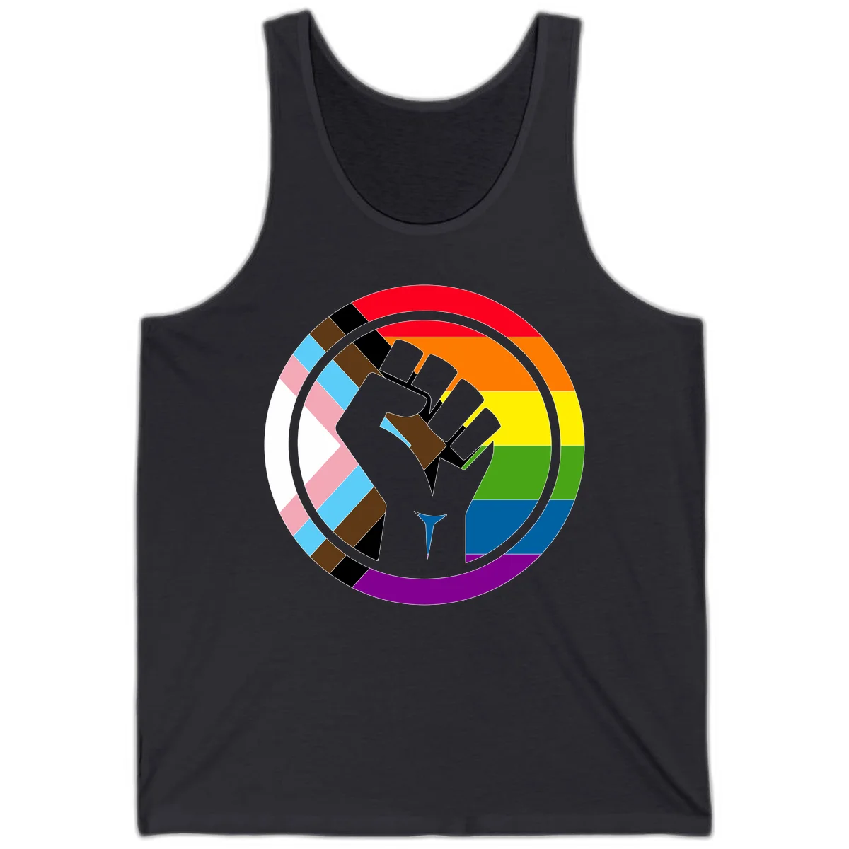 Raised fist silhouette surrounded by concentric rainbow pride flag stripes and intersectional diamond pattern border symbolizing LGBTQ+ unity and solidarity in Dark Grey
