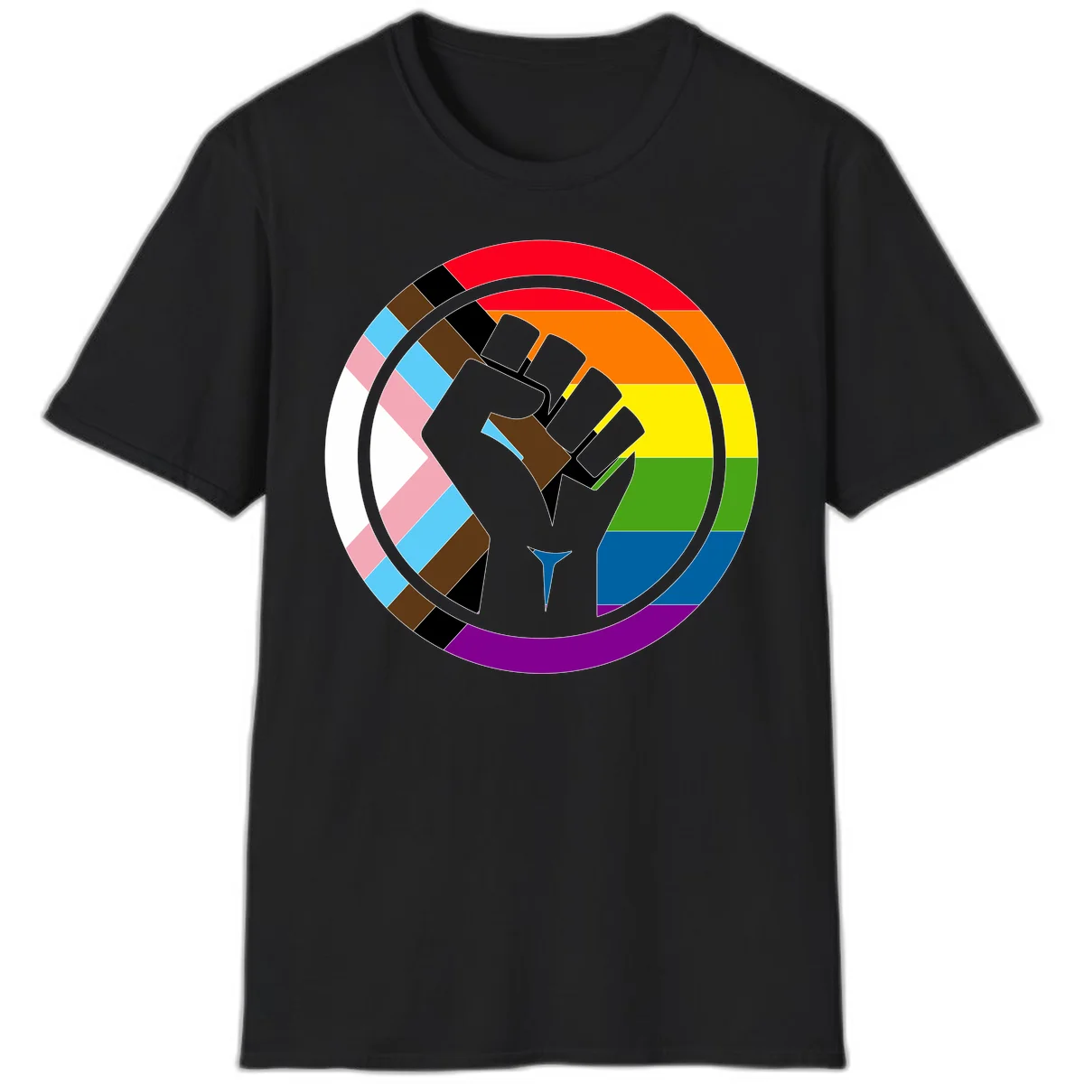 Raised fist silhouette surrounded by concentric rainbow pride flag stripes and intersectional diamond pattern border symbolizing LGBTQ+ unity and solidarity in Black