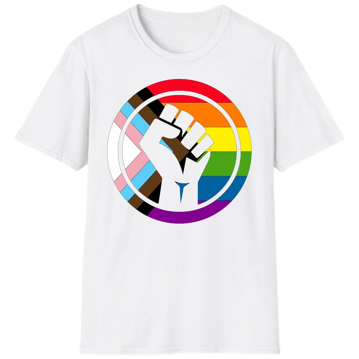 Raised fist silhouette surrounded by concentric rainbow pride flag stripes and intersectional diamond pattern border symbolizing LGBTQ+ unity and solidarity in White