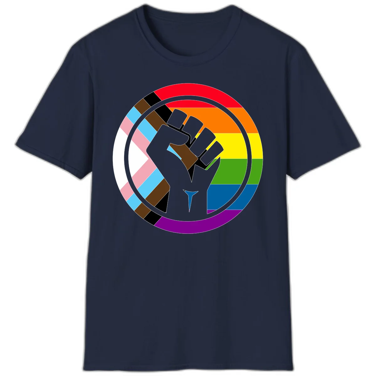 Raised fist silhouette surrounded by concentric rainbow pride flag stripes and intersectional diamond pattern border symbolizing LGBTQ+ unity and solidarity in Navy