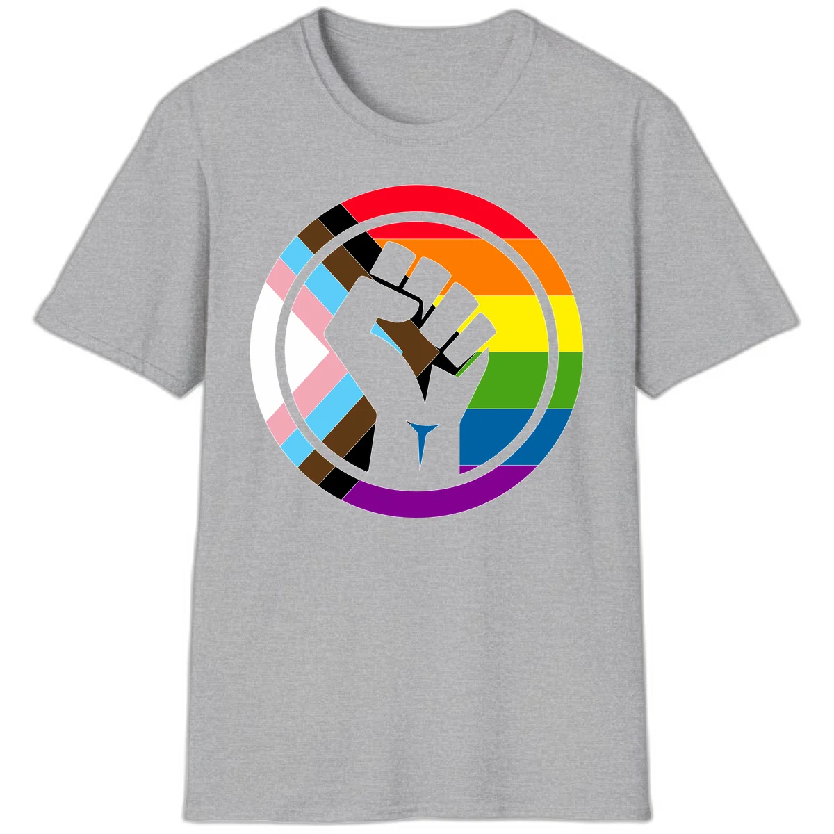 Raised fist silhouette surrounded by concentric rainbow pride flag stripes and intersectional diamond pattern border symbolizing LGBTQ+ unity and solidarity in Sport Grey