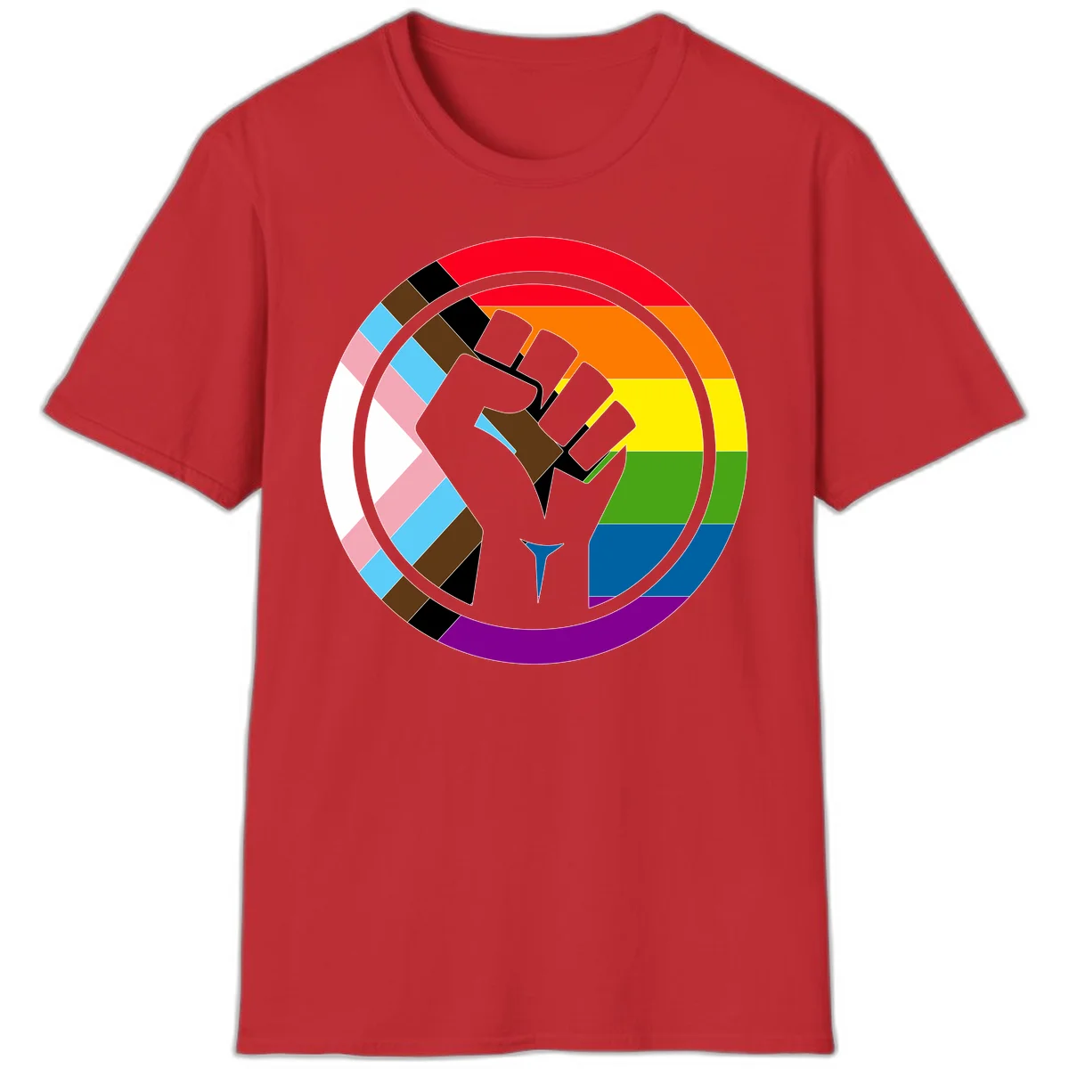 Raised fist silhouette surrounded by concentric rainbow pride flag stripes and intersectional diamond pattern border symbolizing LGBTQ+ unity and solidarity in Red