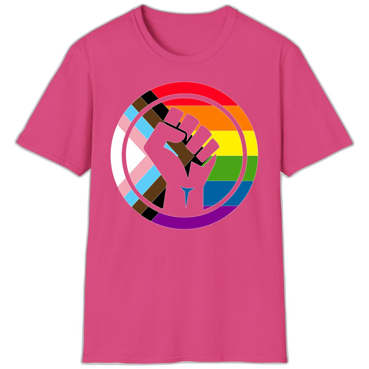 Raised fist silhouette surrounded by concentric rainbow pride flag stripes and intersectional diamond pattern border symbolizing LGBTQ+ unity and solidarity in Heliconia