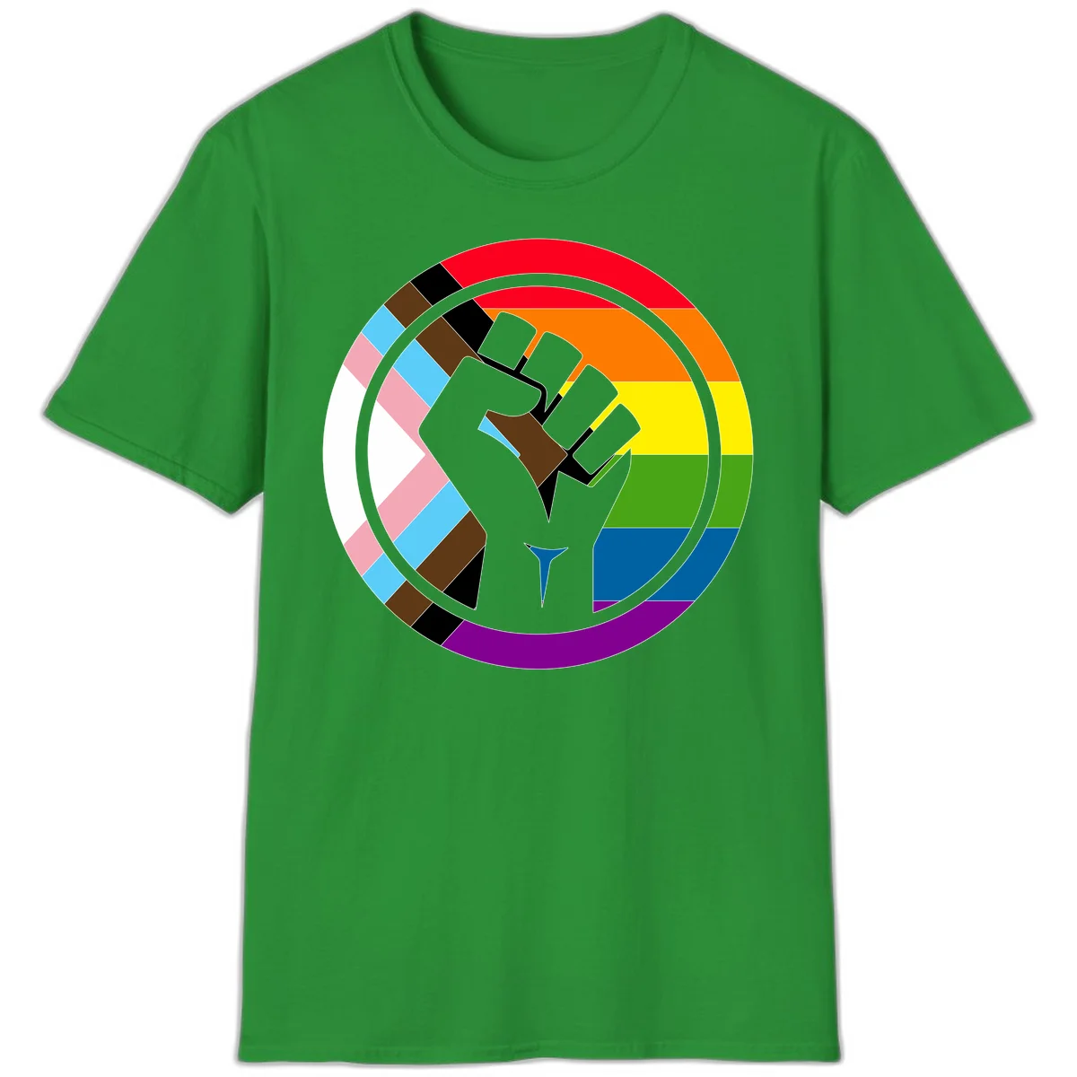 Raised fist silhouette surrounded by concentric rainbow pride flag stripes and intersectional diamond pattern border symbolizing LGBTQ+ unity and solidarity in Irish Green