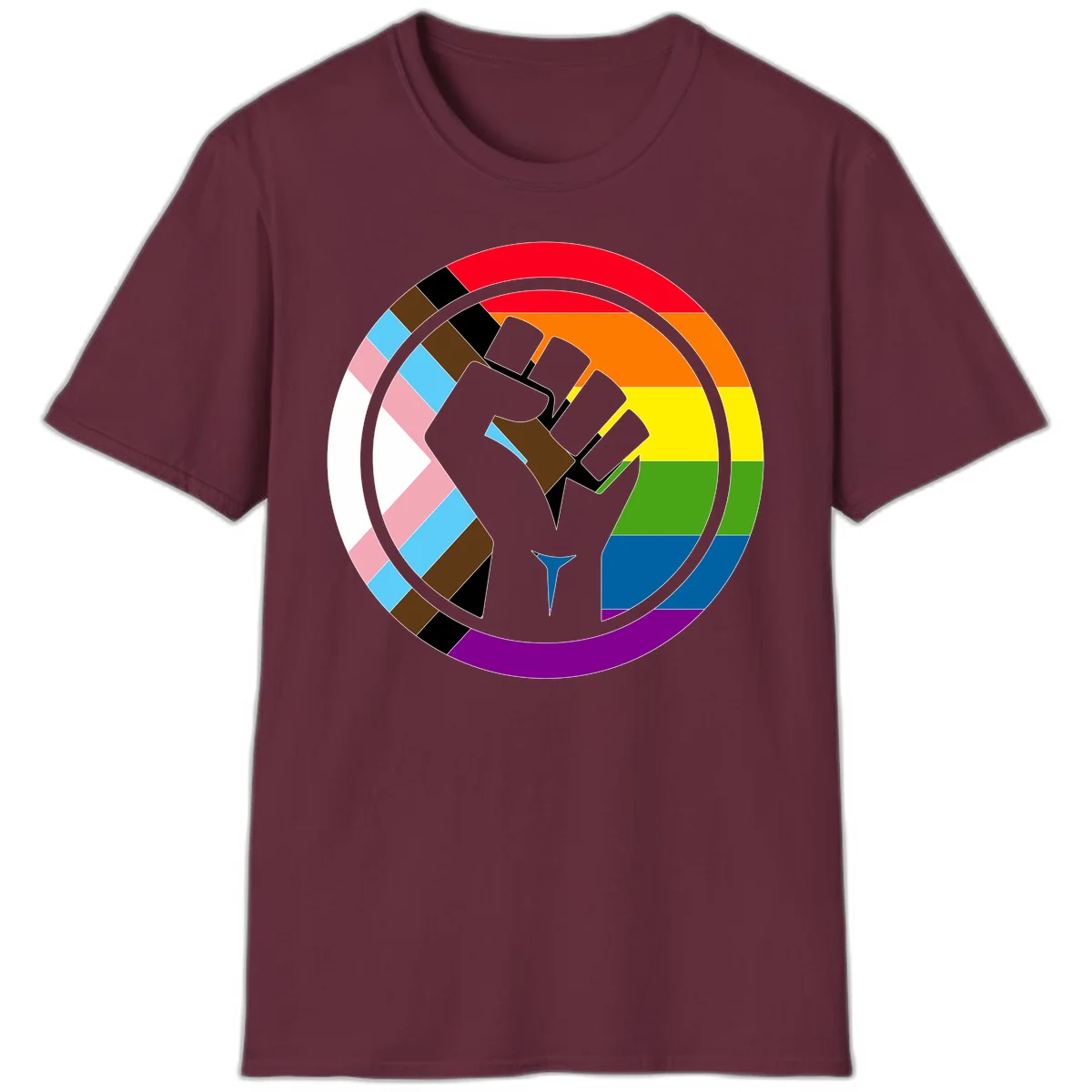 Raised fist silhouette surrounded by concentric rainbow pride flag stripes and intersectional diamond pattern border symbolizing LGBTQ+ unity and solidarity in Maroon