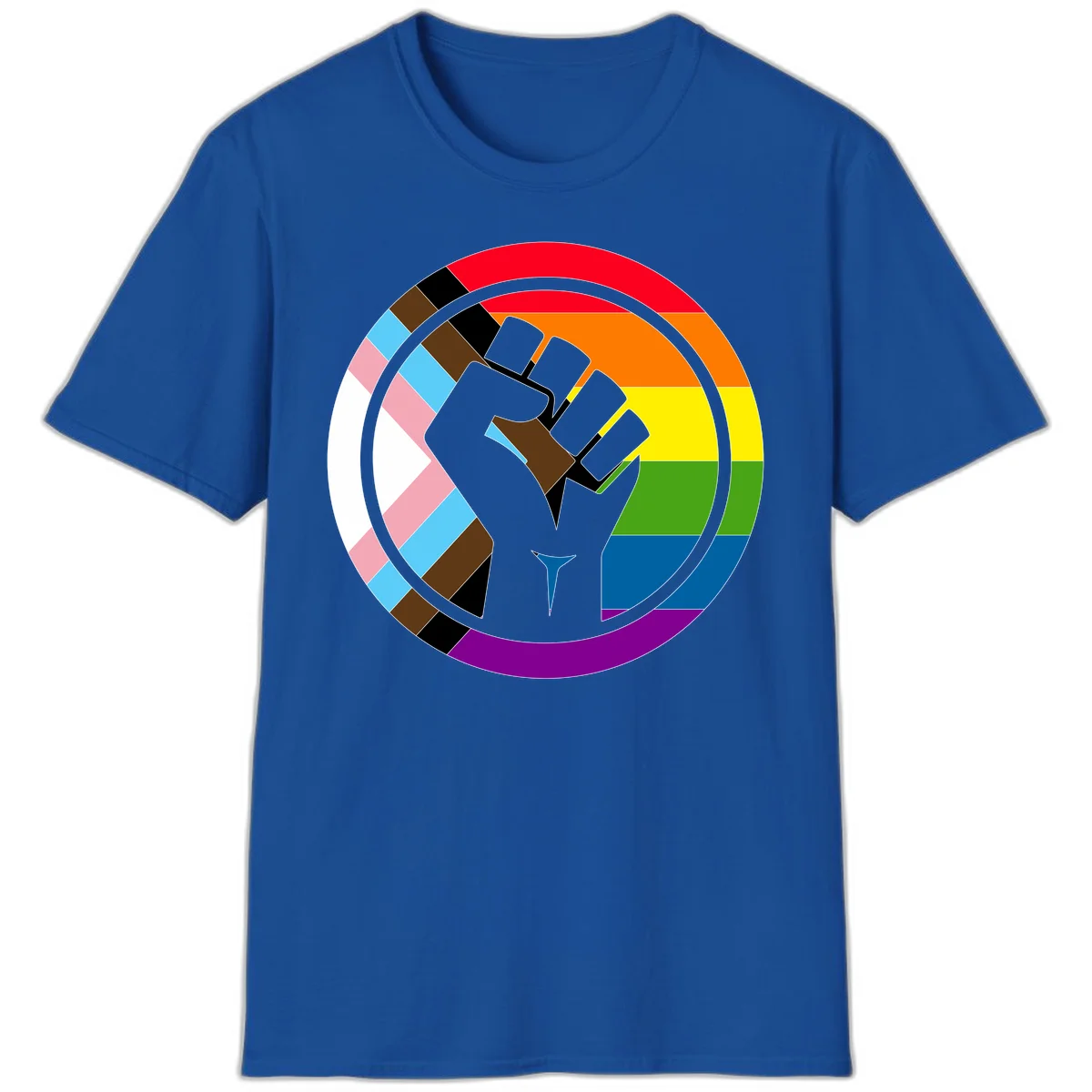 Raised fist silhouette surrounded by concentric rainbow pride flag stripes and intersectional diamond pattern border symbolizing LGBTQ+ unity and solidarity in Royal