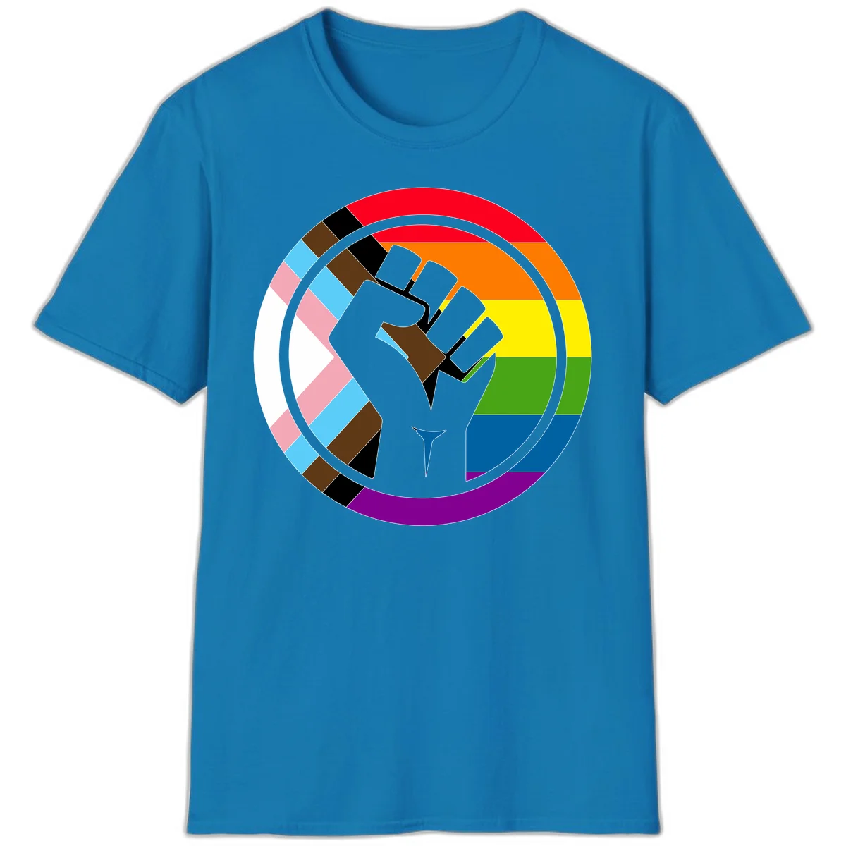 Raised fist silhouette surrounded by concentric rainbow pride flag stripes and intersectional diamond pattern border symbolizing LGBTQ+ unity and solidarity in Sapphire