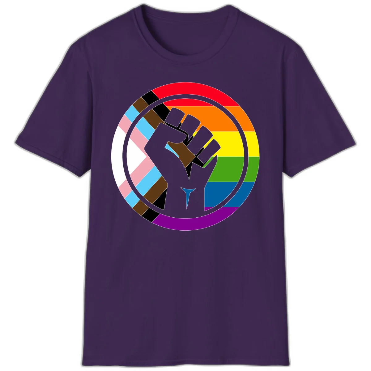 Raised fist silhouette surrounded by concentric rainbow pride flag stripes and intersectional diamond pattern border symbolizing LGBTQ+ unity and solidarity in Purple