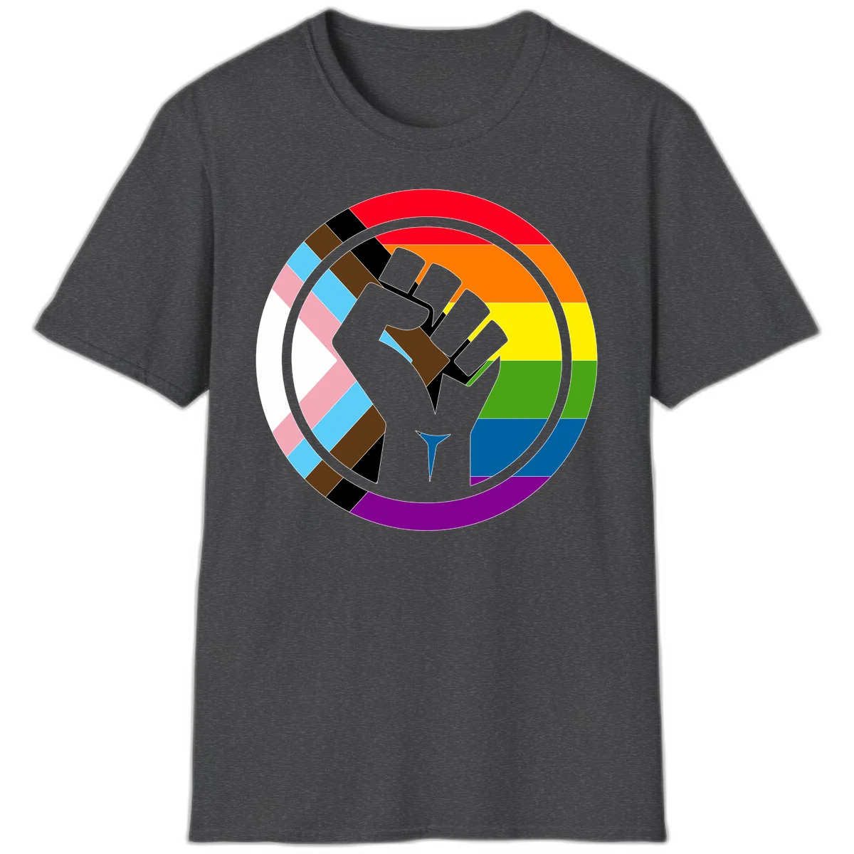 Raised fist silhouette surrounded by concentric rainbow pride flag stripes and intersectional diamond pattern border symbolizing LGBTQ+ unity and solidarity in Dark Heather