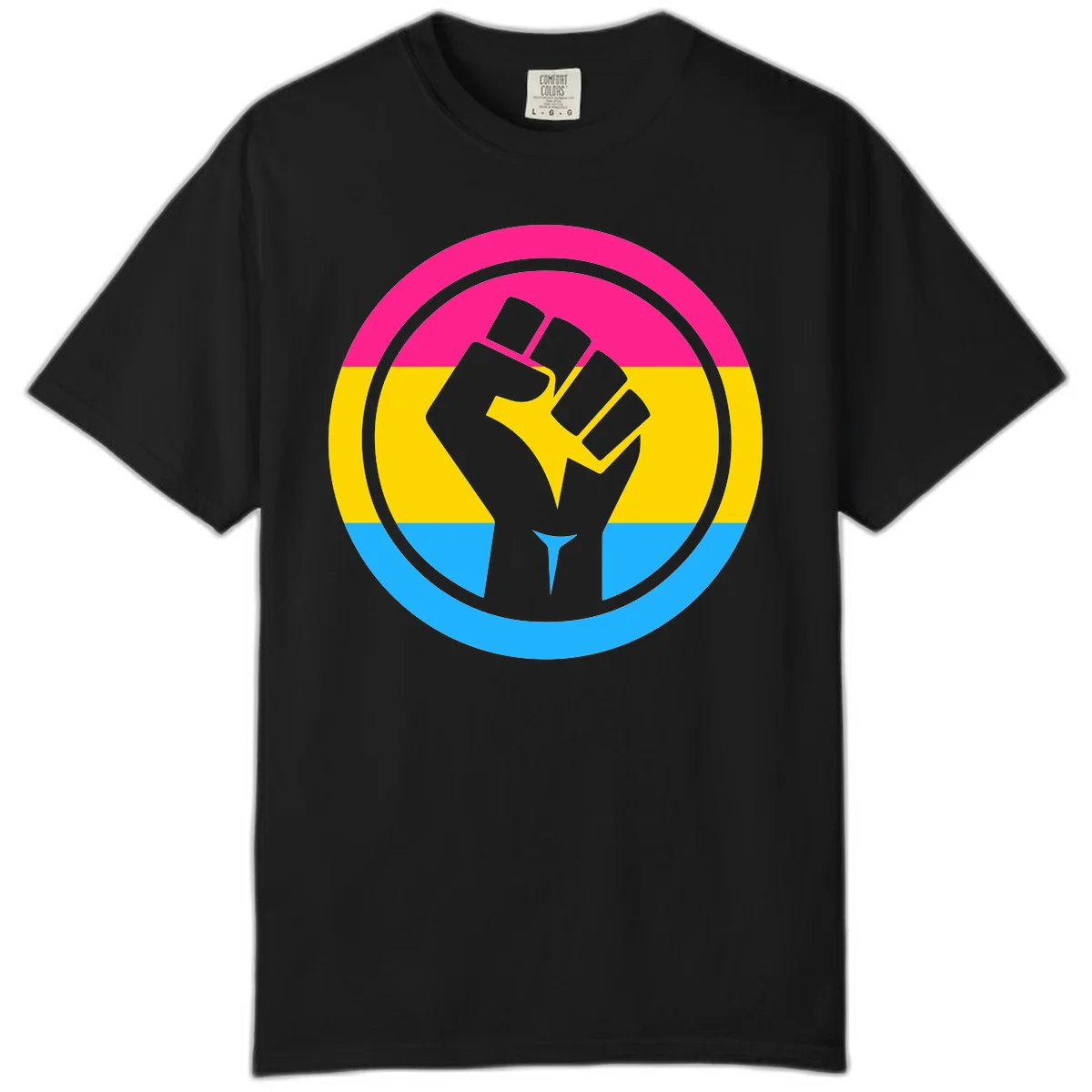 Raised fist silhouette in circular badge with magenta, yellow, and blue pride stripes symbolizing fist-pride-power and activism in Black