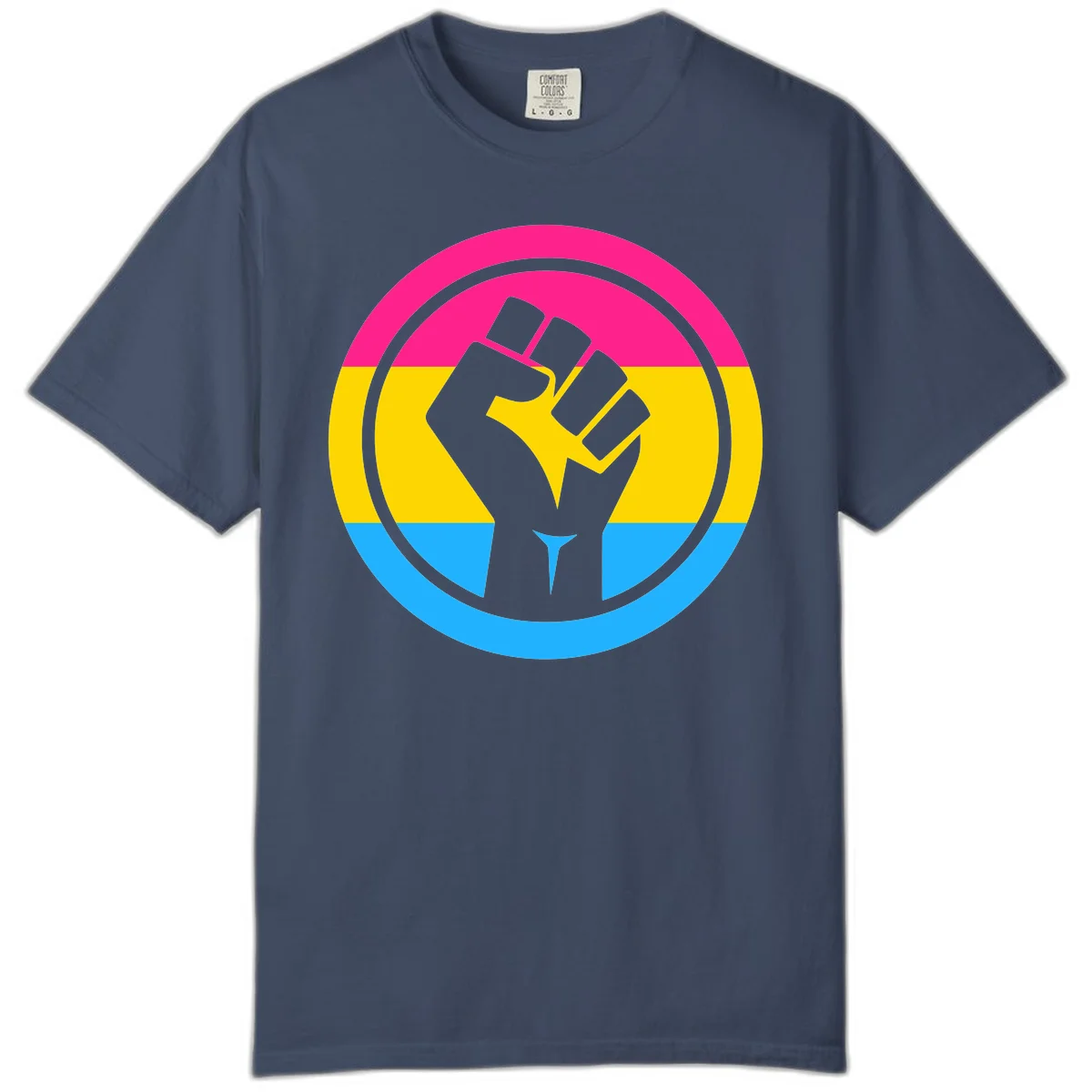 Raised fist silhouette in circular badge with magenta, yellow, and blue pride stripes symbolizing fist-pride-power and activism in Midnight