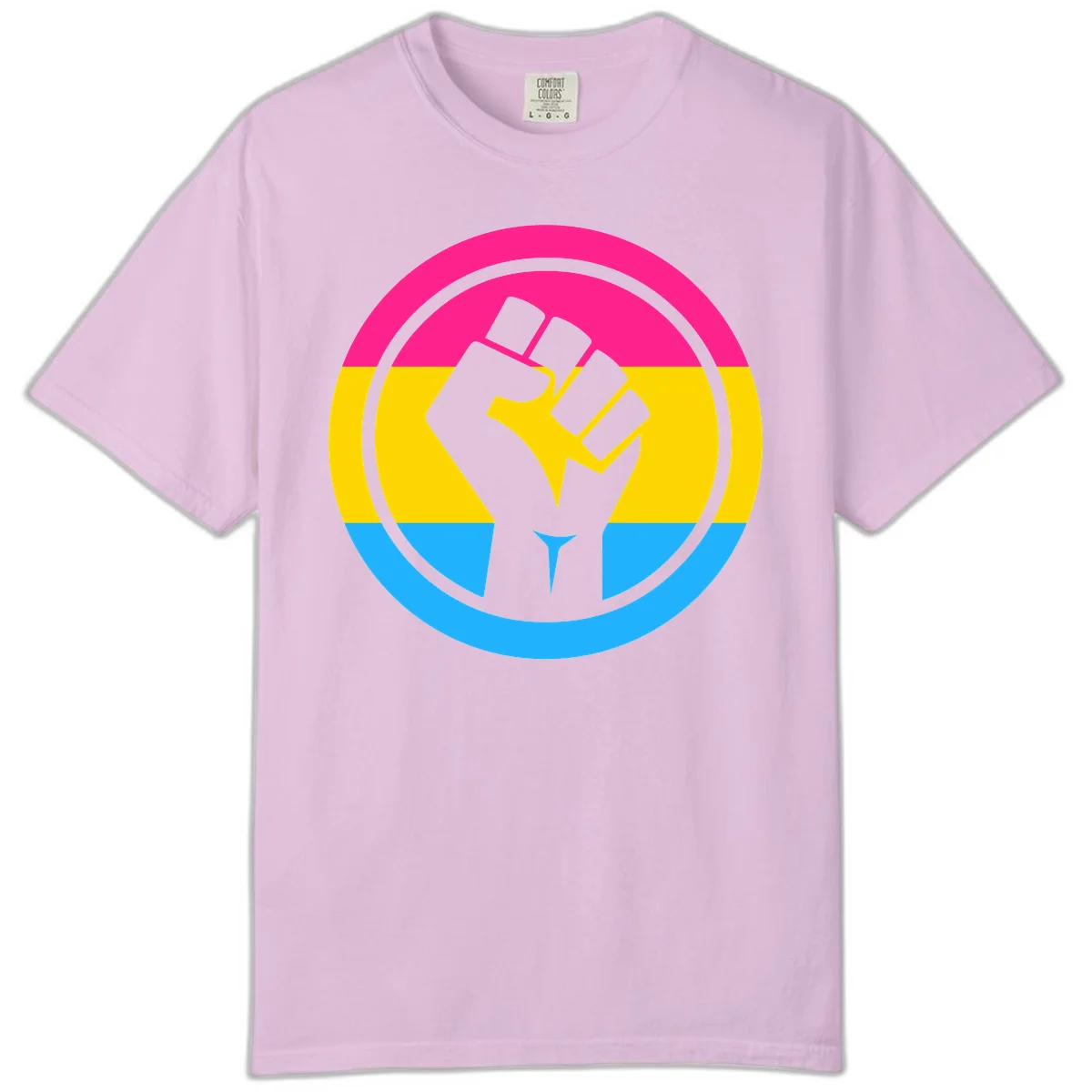 Raised fist silhouette in circular badge with magenta, yellow, and blue pride stripes symbolizing fist-pride-power and activism in Orchid