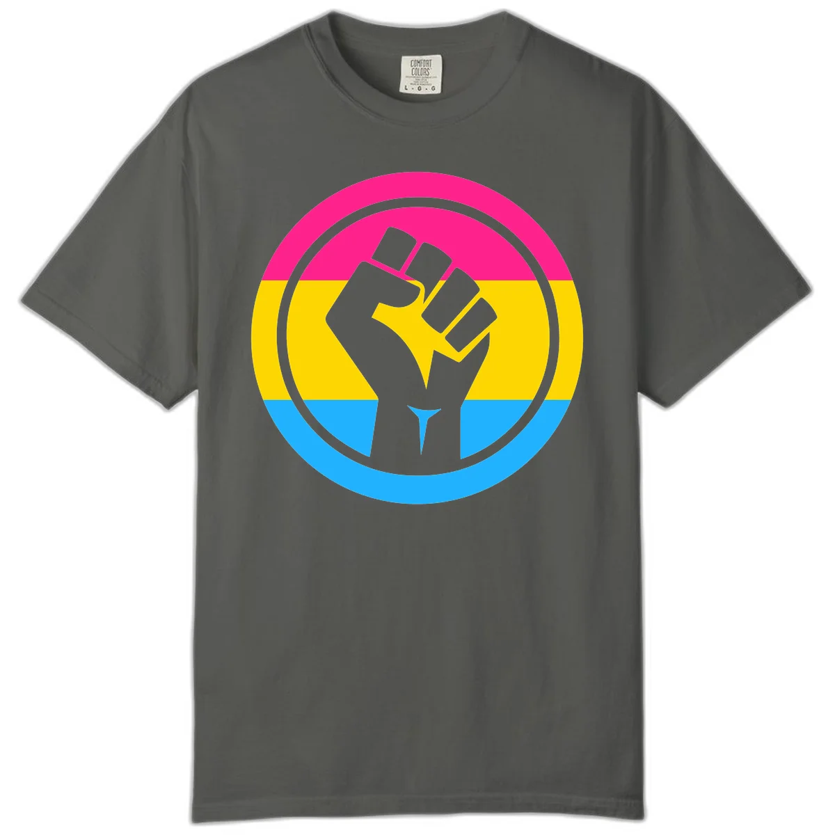 Raised fist silhouette in circular badge with magenta, yellow, and blue pride stripes symbolizing fist-pride-power and activism in Pepper